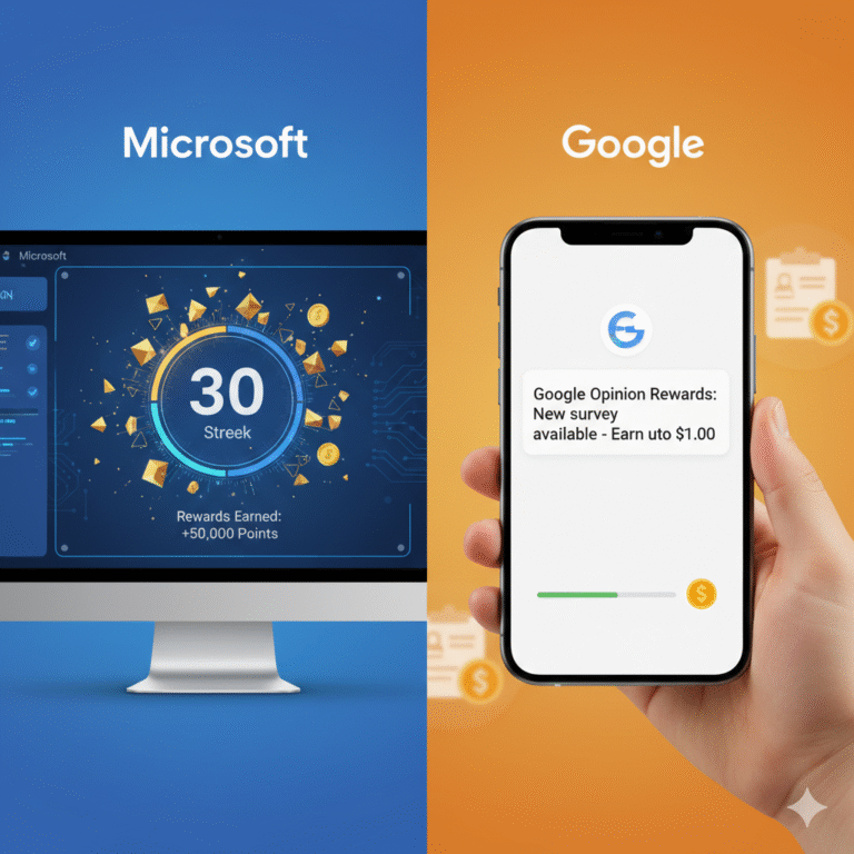 Microsoft Rewards dashboard showing daily streaks vs. a Google Opinion Rewards notification.