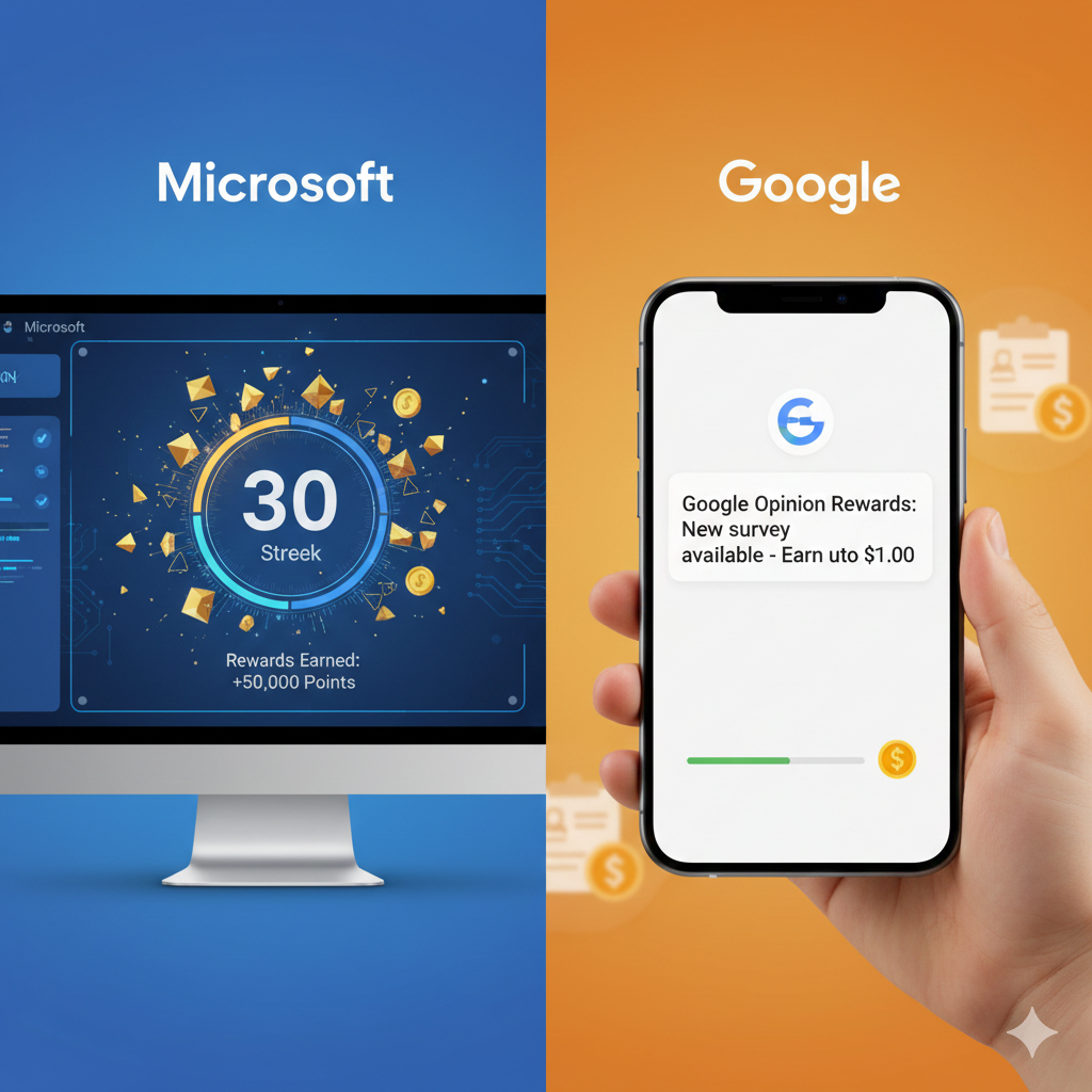 Microsoft Rewards dashboard showing daily streaks vs. a Google Opinion Rewards notification.