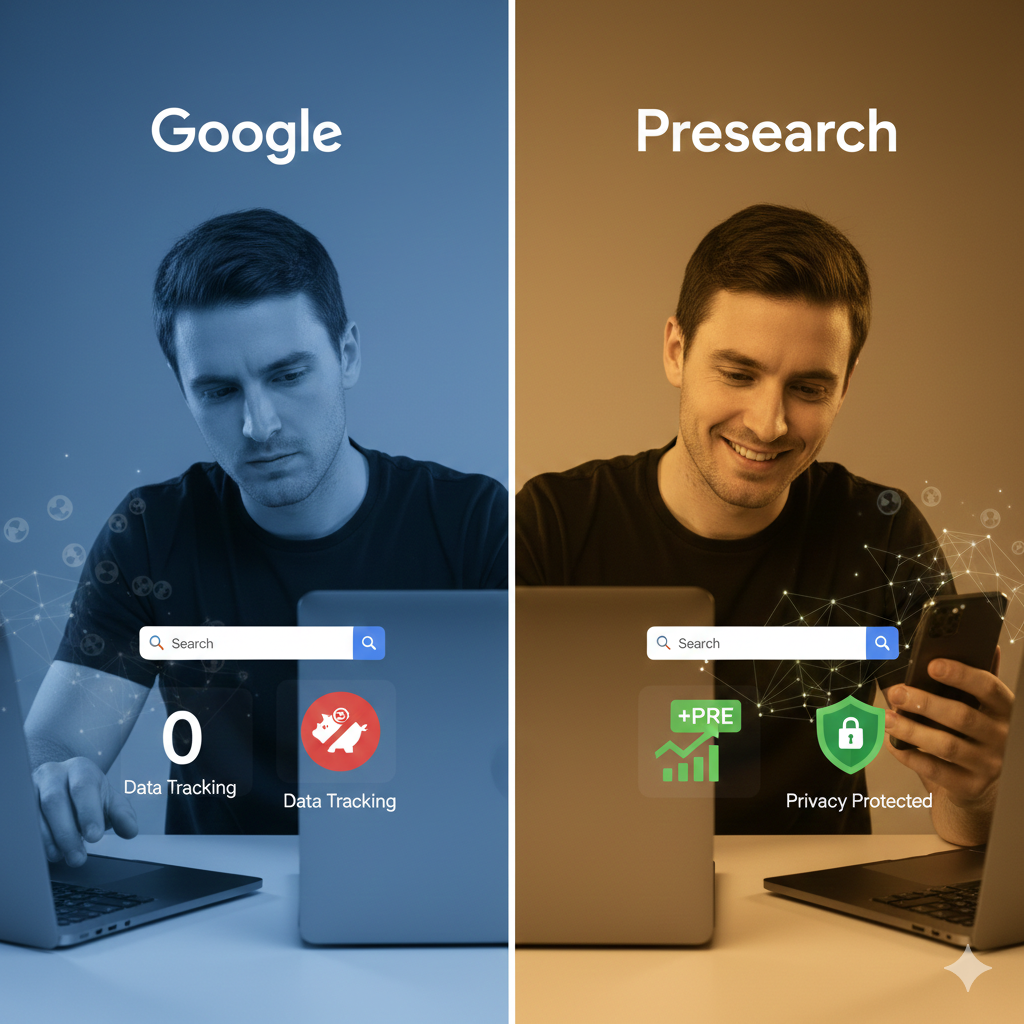 Comparison of Google vs. Presearch showing data privacy and crypto rewards.