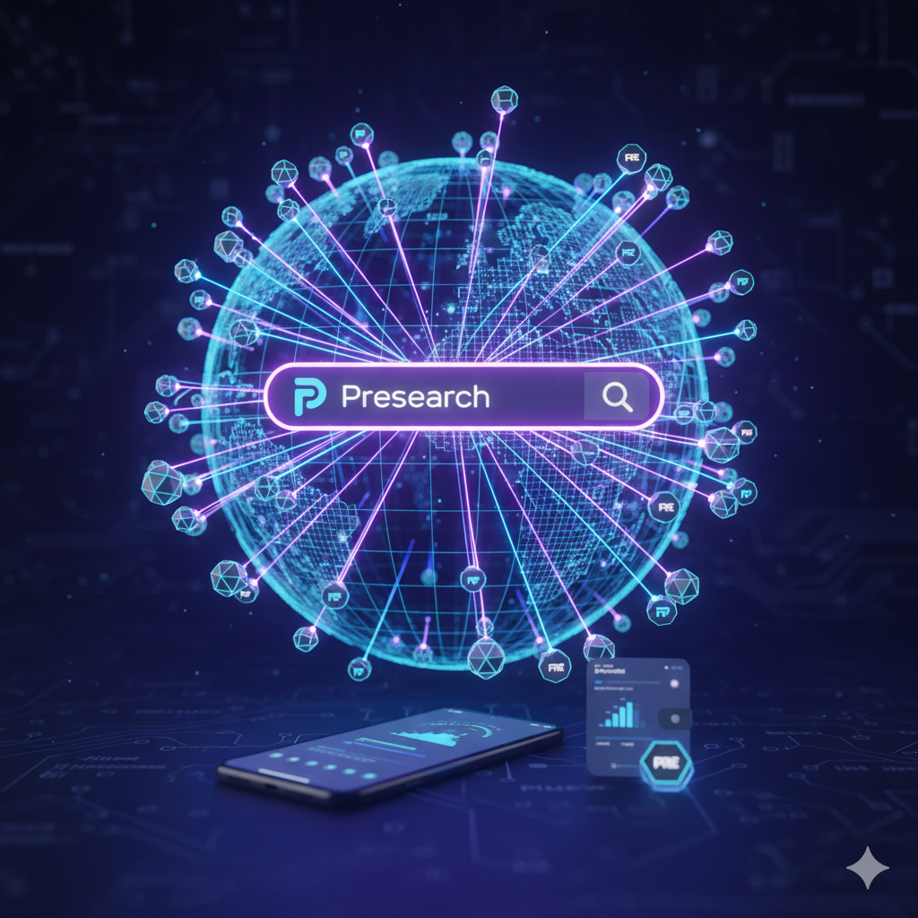 Presearch 3.0 decentralized node network processing a search and rewarding the user with PRE tokens.
