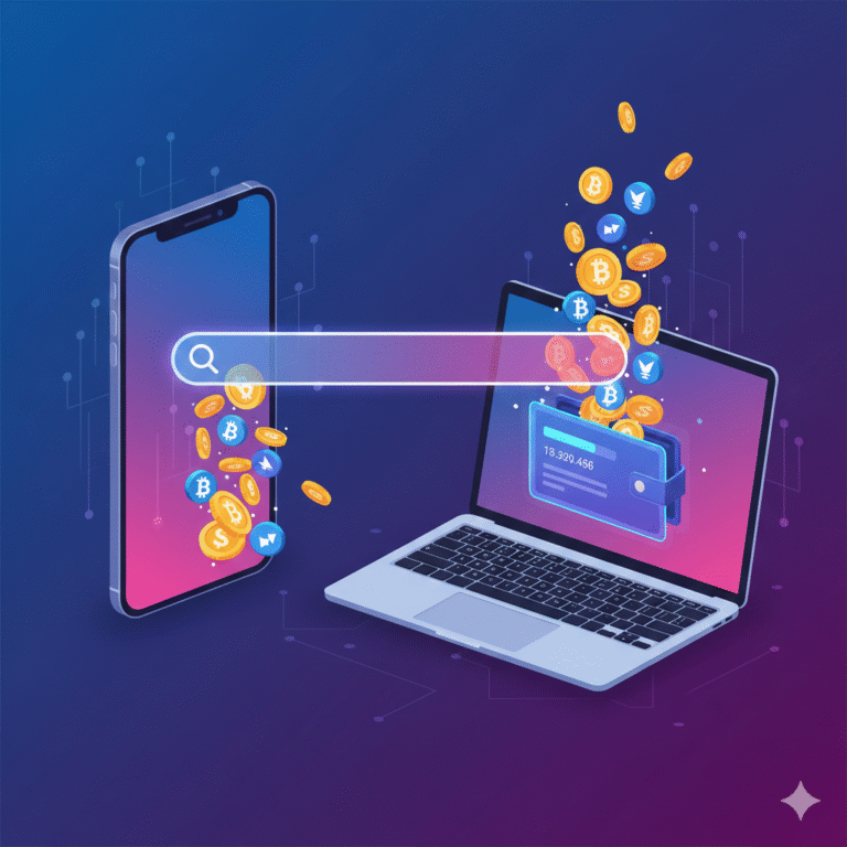 Digital rewards and currency flowing from a search engine, representing getting paid to search the web.